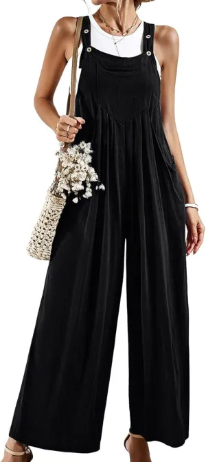 CHARTOU Women Cotton Wide Leg Overalls Jumpsuits Linen Loose Bib Romper One Piece Straps Flowy Palazzo Jumpsuit Pocket