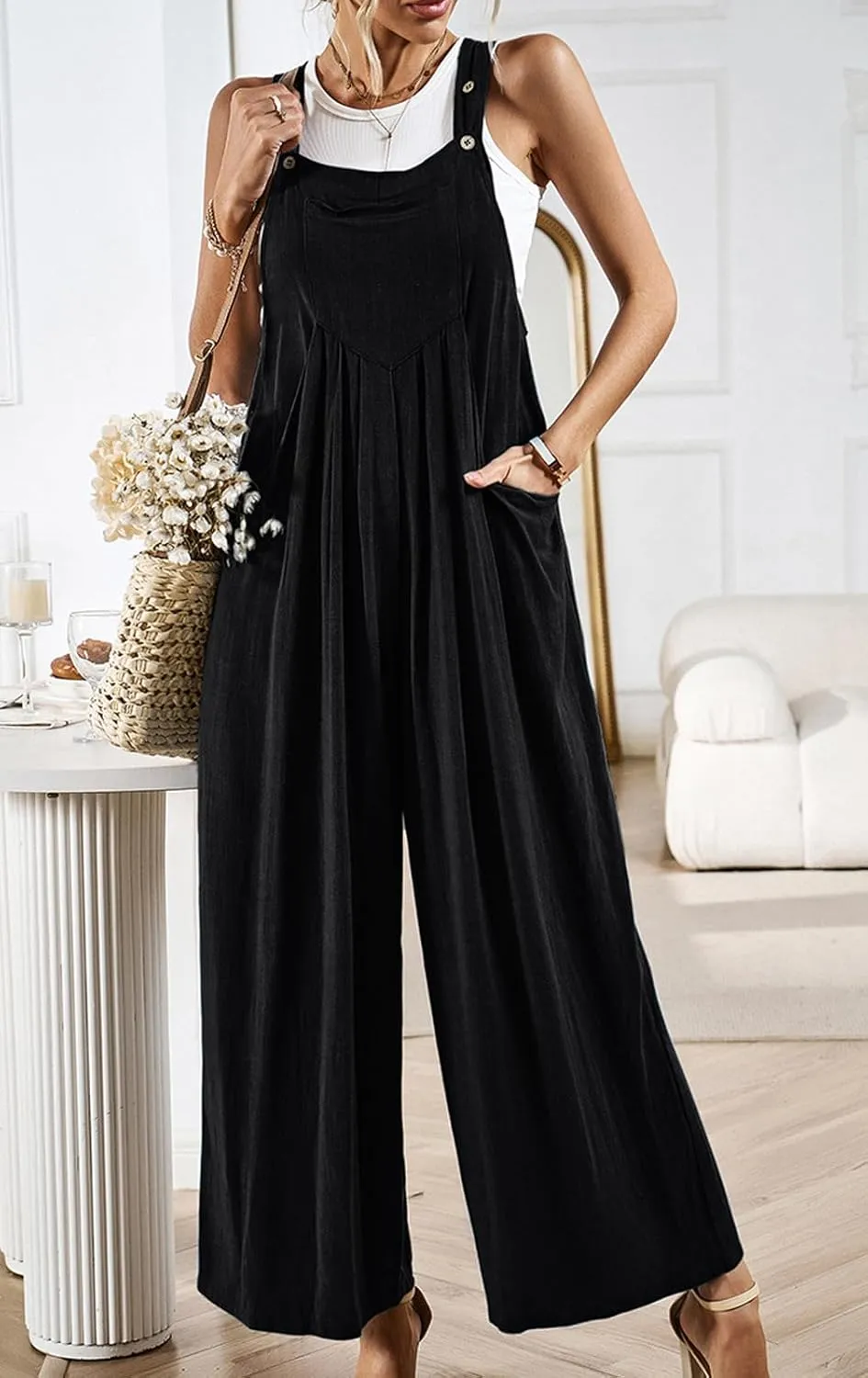 CHARTOU Women Cotton Wide Leg Overalls Jumpsuits Linen Loose Bib Romper One Piece Straps Flowy Palazzo Jumpsuit Pocket