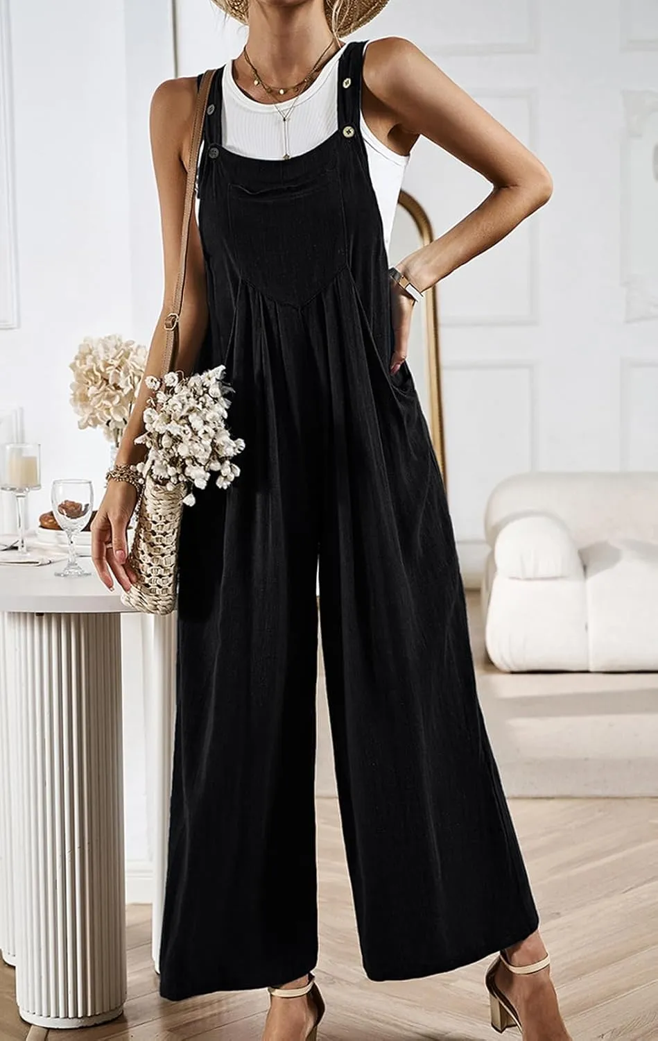 CHARTOU Women Cotton Wide Leg Overalls Jumpsuits Linen Loose Bib Romper One Piece Straps Flowy Palazzo Jumpsuit Pocket