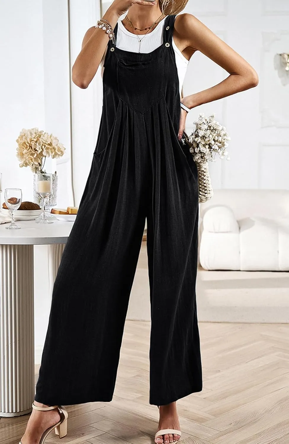CHARTOU Women Cotton Wide Leg Overalls Jumpsuits Linen Loose Bib Romper One Piece Straps Flowy Palazzo Jumpsuit Pocket