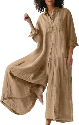 CHARTOU Women Linen Button Down Long Sleeve Wide Leg Jumpsuit Beach Palazzo Pants One Piece Jumpsuit
