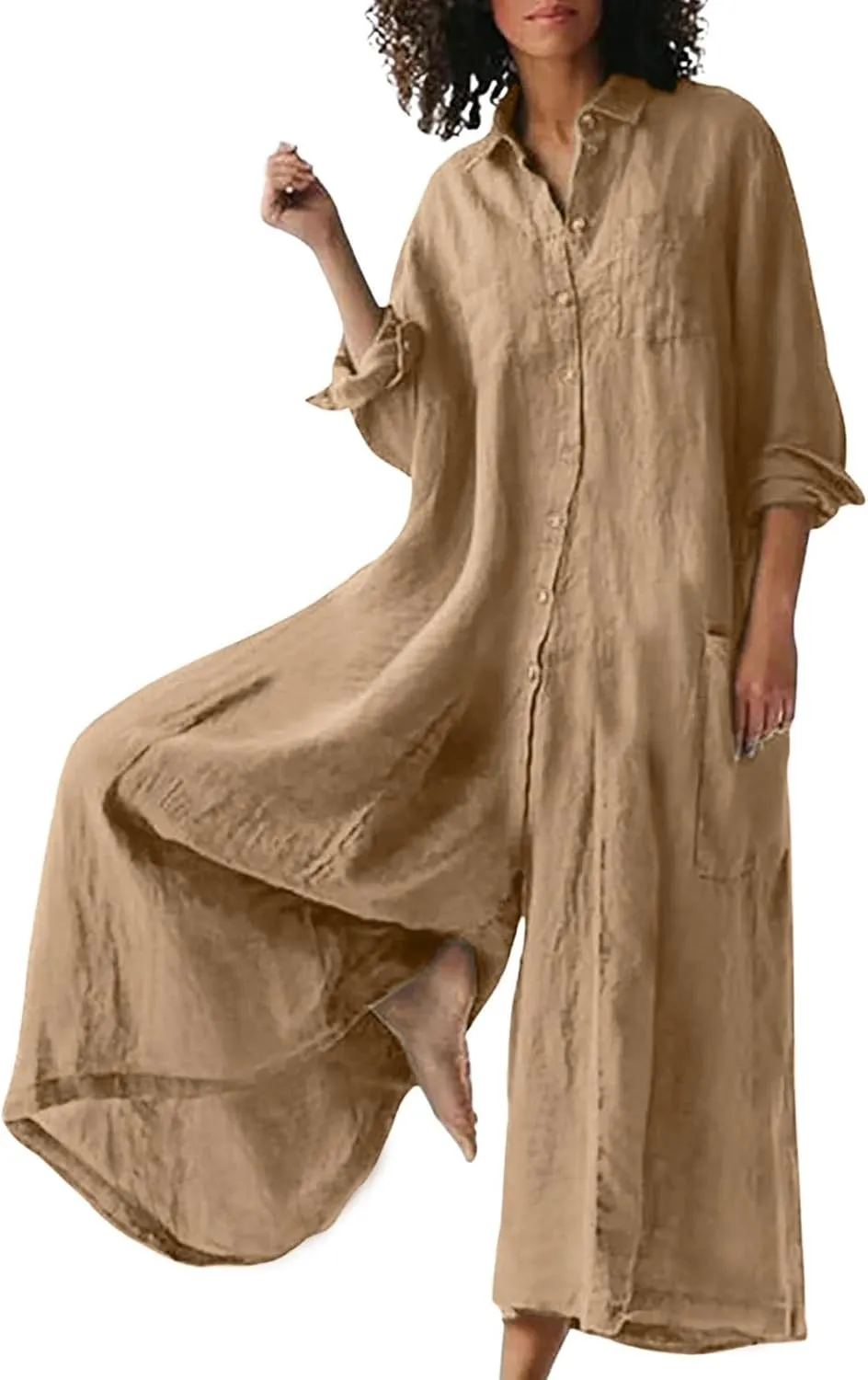 CHARTOU Women Linen Button Down Long Sleeve Wide Leg Jumpsuit Beach Palazzo Pants One Piece Jumpsuit