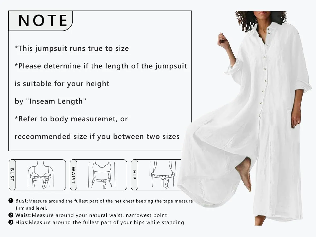 CHARTOU Women Linen Button Down Long Sleeve Wide Leg Jumpsuit Beach Palazzo Pants One Piece Jumpsuit
