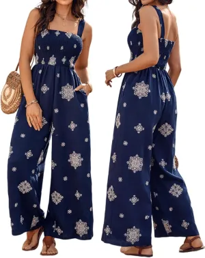 ChicMe Women's Casual Loose Overalls Jumpsuits Floral One Piece Square Neck Shirred Pants with Pockets