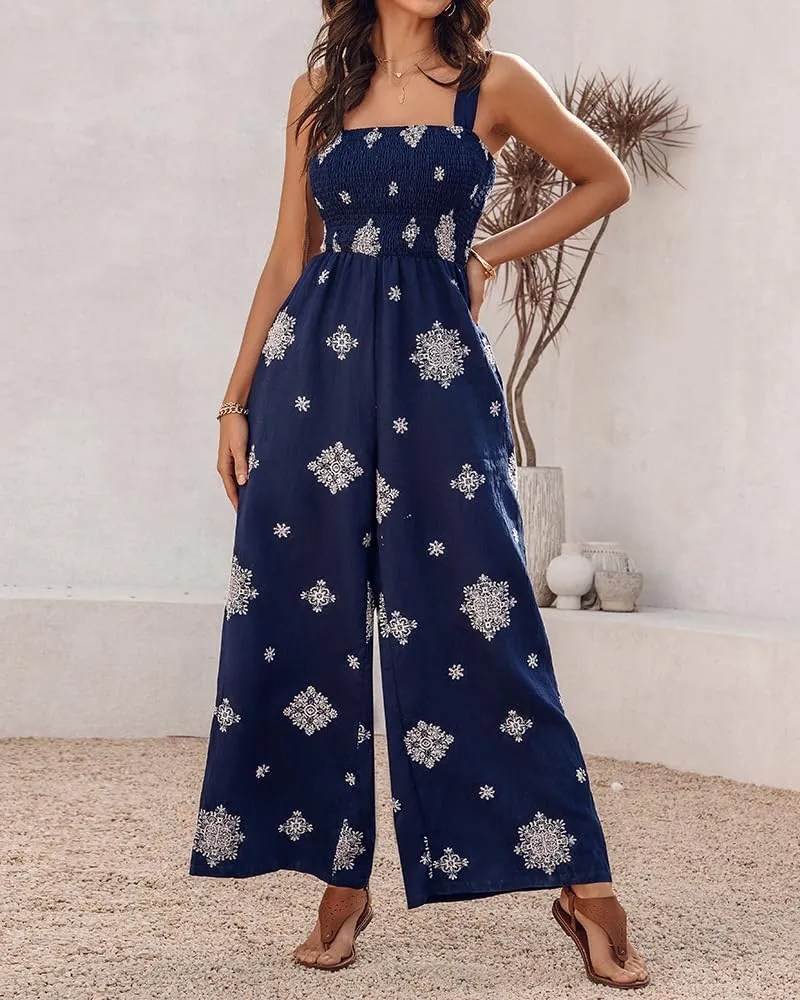 ChicMe Women's Casual Loose Overalls Jumpsuits Floral One Piece Square Neck Shirred Pants with Pockets