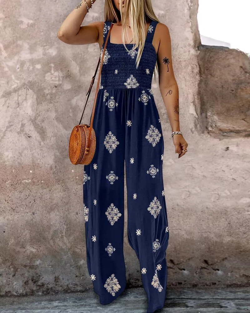 ChicMe Women's Casual Loose Overalls Jumpsuits Floral One Piece Square Neck Shirred Pants with Pockets