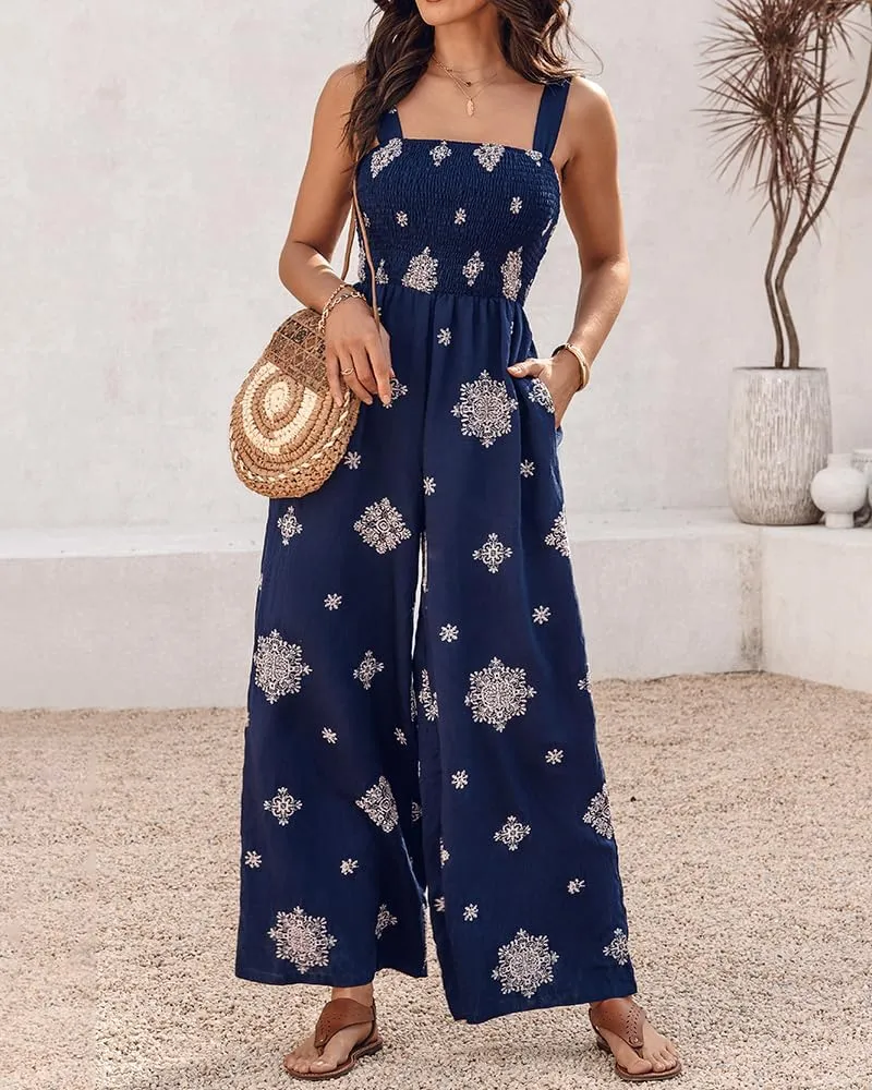 ChicMe Women's Casual Loose Overalls Jumpsuits Floral One Piece Square Neck Shirred Pants with Pockets