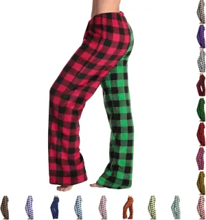 Contrast Buffalo Plaid Pajama Pants Women Soft Flannel Plaid Pj Pants Elastic Waist Cotton Wide Leg Pants Sleepwear