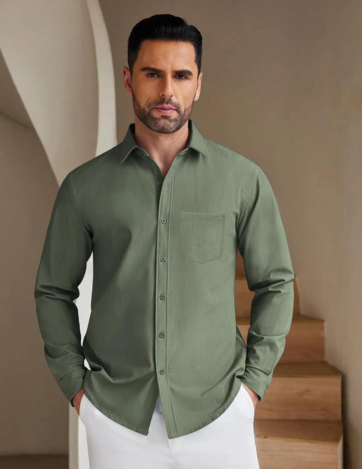 COOFANDY Men's Long Sleeve Button Down Shirt Wrinkle Free Untucked Dress Shirt Casual Denim Shirt