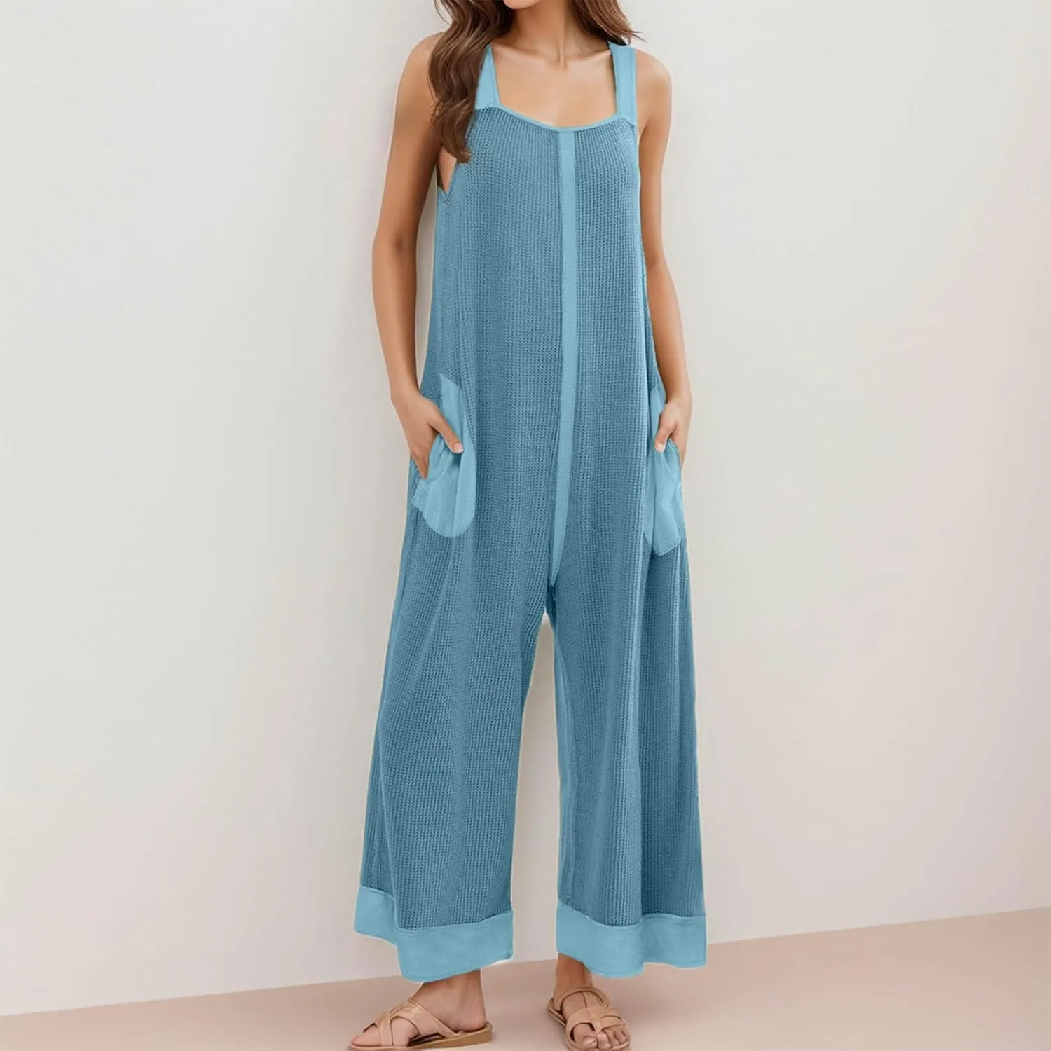 cooki Women's 2024 Summer Casual Rompers Waffle Knit Sleeveless Wide Leg Long Pants Overalls Strap Jumpsuit Bib Overalls
