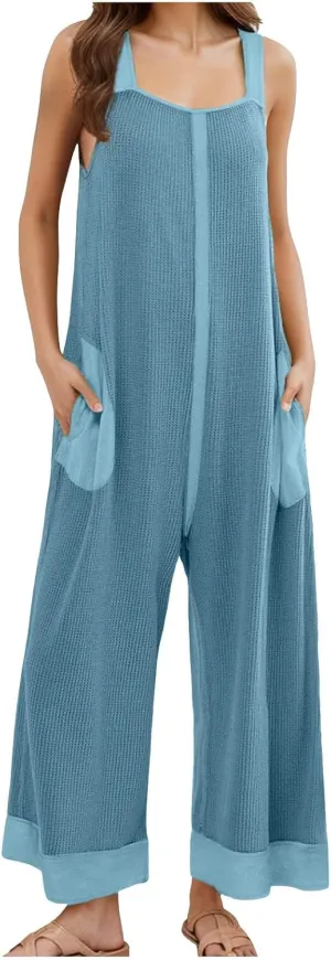 cooki Women's 2024 Summer Casual Rompers Waffle Knit Sleeveless Wide Leg Long Pants Overalls Strap Jumpsuit Bib Overalls