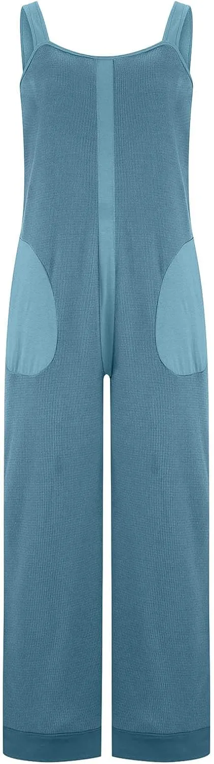 cooki Women's 2024 Summer Casual Rompers Waffle Knit Sleeveless Wide Leg Long Pants Overalls Strap Jumpsuit Bib Overalls