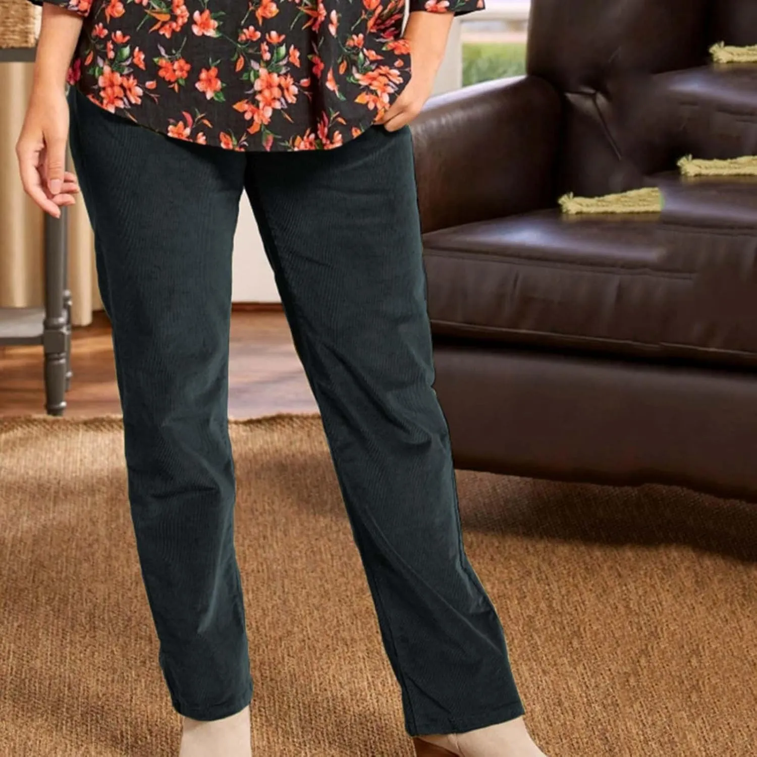 Corduroy Pants for Women Elastic High Waist Pull On Straight Leg Slacks Casual Spring Fall Trousers with Pockets