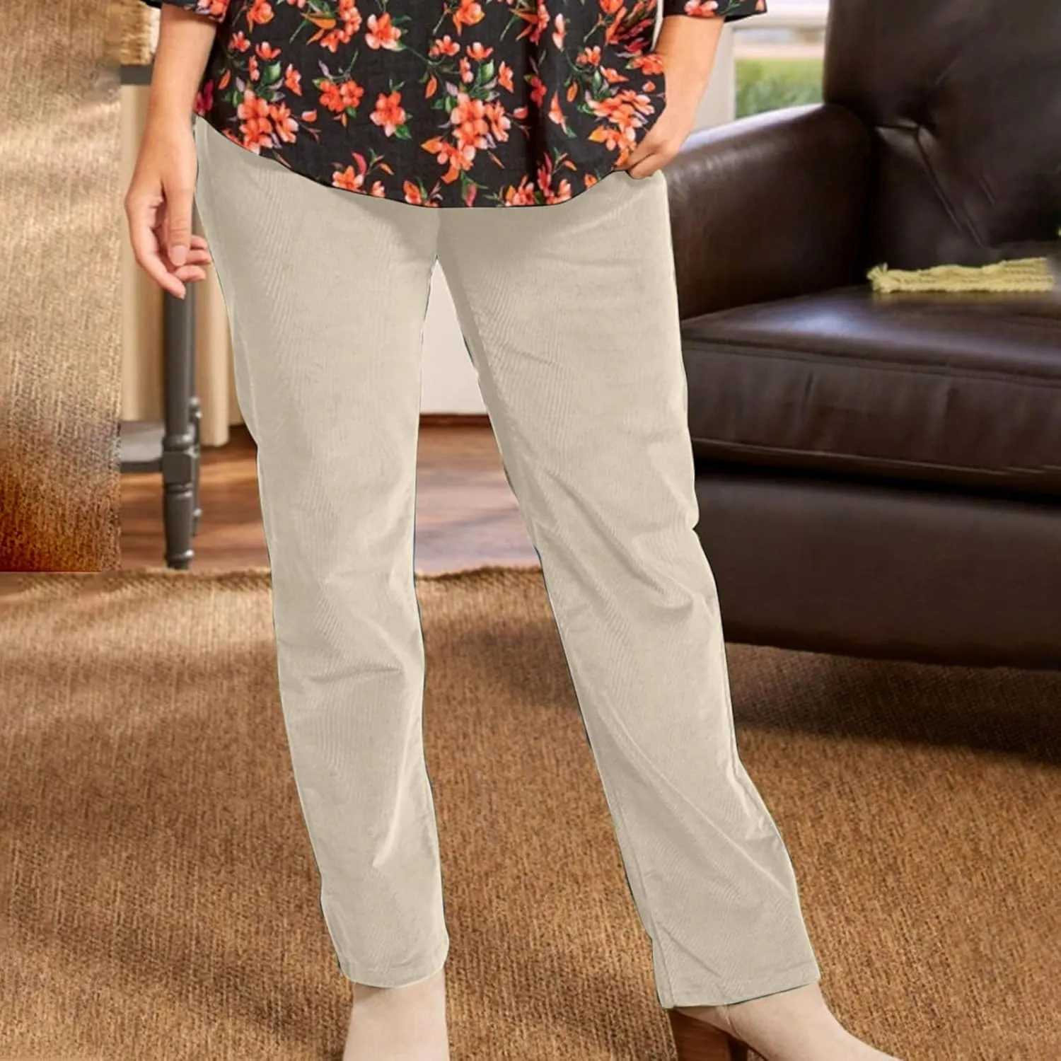 Corduroy Pants for Women Elastic High Waist Pull On Straight Leg Slacks Casual Spring Fall Trousers with Pockets