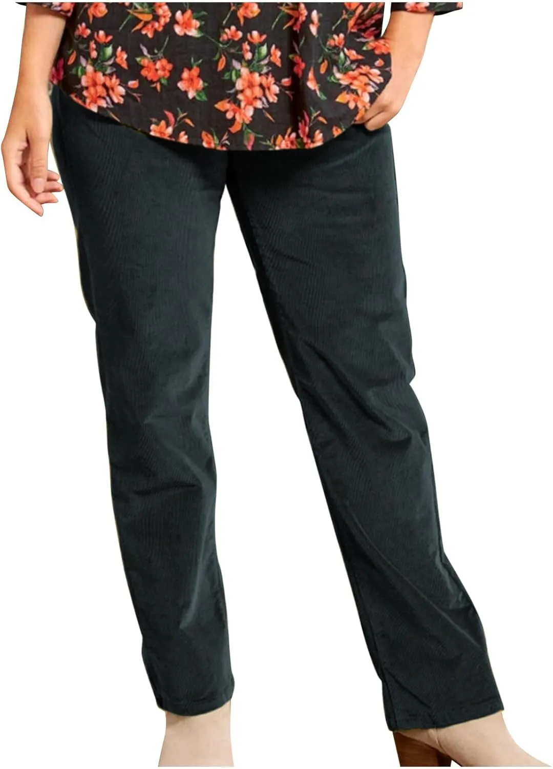 Corduroy Pants for Women Elastic High Waist Pull On Straight Leg Slacks Casual Spring Fall Trousers with Pockets