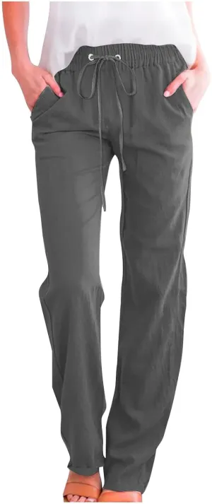 Cotton Linen Pants for Women Straight Leg Drawstring Lounge Trousers High Waisted Casual Long Slacks with Pockets