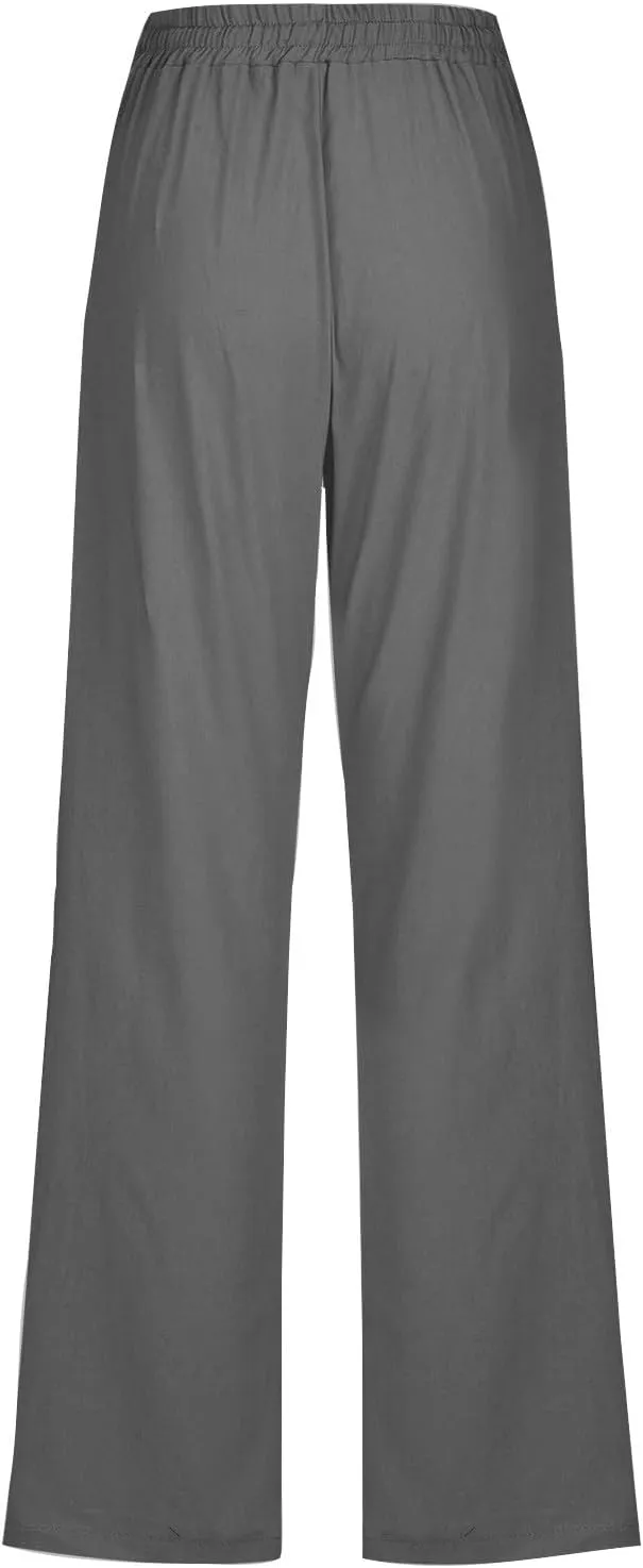 Cotton Linen Pants for Women Straight Leg Drawstring Lounge Trousers High Waisted Casual Long Slacks with Pockets