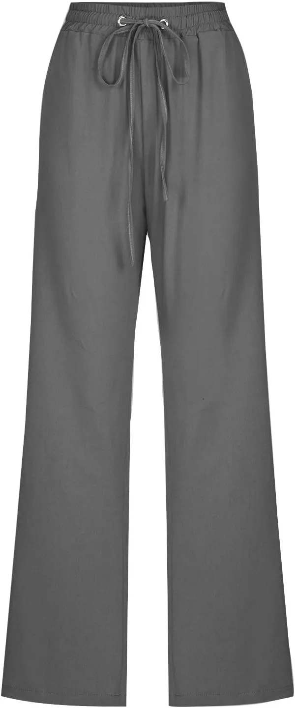 Cotton Linen Pants for Women Straight Leg Drawstring Lounge Trousers High Waisted Casual Long Slacks with Pockets