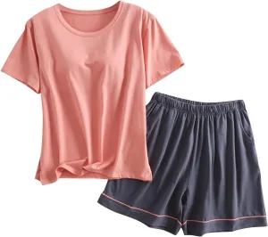 Cotton Pajama Sets for Women 2 Piece Soft Loungewear Built-in Bra Short Sleeve Crop Tops and Shorts Sleepwear Outfit