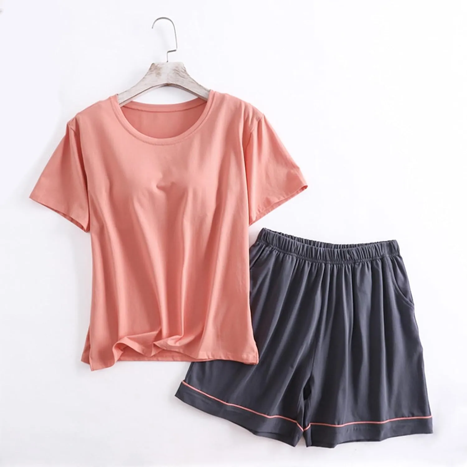 Cotton Pajama Sets for Women 2 Piece Soft Loungewear Built-in Bra Short Sleeve Crop Tops and Shorts Sleepwear Outfit