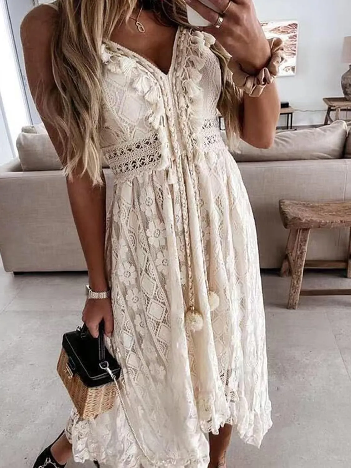 CUPSHE Women's Summer Dresses Sleeveless Lace Casual Tassel Beach Spaghetti Straps Flowy Maxi Sun Dress