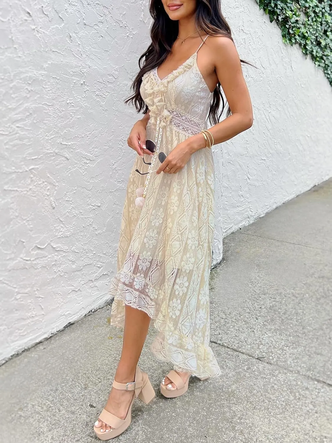 CUPSHE Women's Summer Dresses Sleeveless Lace Casual Tassel Beach Spaghetti Straps Flowy Maxi Sun Dress
