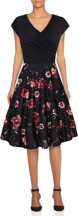 EFOFEI Womens Casual Swing Dress Floral Printed Dress Short Sleeve Wrap V Neck A Line Midi Dress