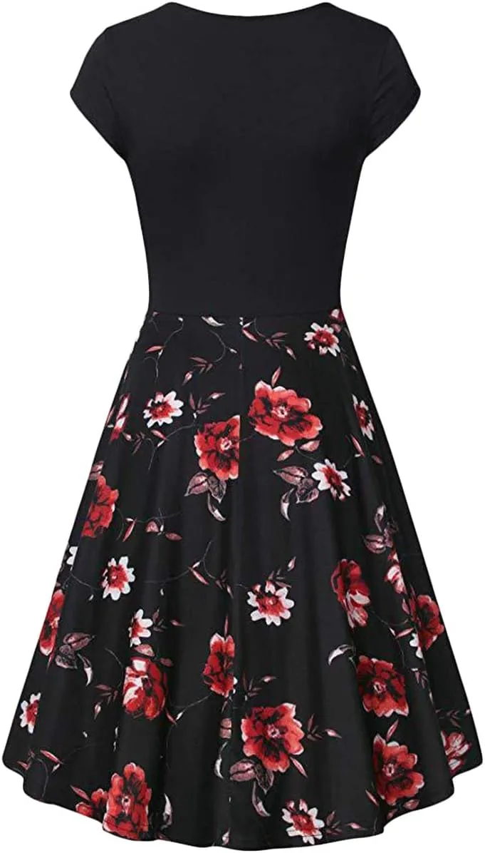 EFOFEI Womens Casual Swing Dress Floral Printed Dress Short Sleeve Wrap V Neck A Line Midi Dress