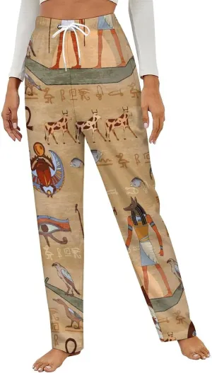 Egyptian Hieroglyphs And Pharaohs Women's Flannel Pajama Pants Fleece Lounge Sleep Bottoms PJ