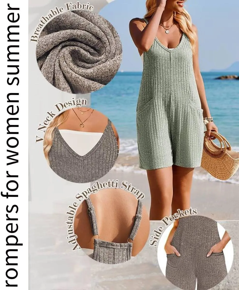 Ekouaer Rompers for Women Summer Casual Sleeveless Spaghetti Strap Jumpsuit Ribbed Shorts Overalls with Pockets