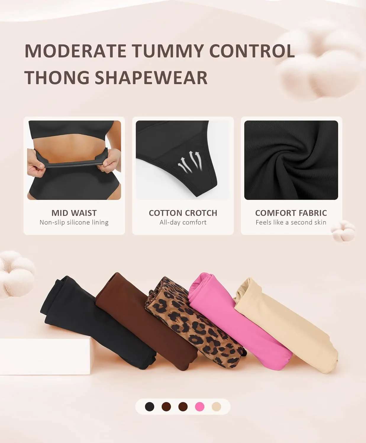 FeelinGirl Thong Shapewear for Women Tummy Control Mid Waisted Body Shaper Underwear Seamless Body Shaper Panties