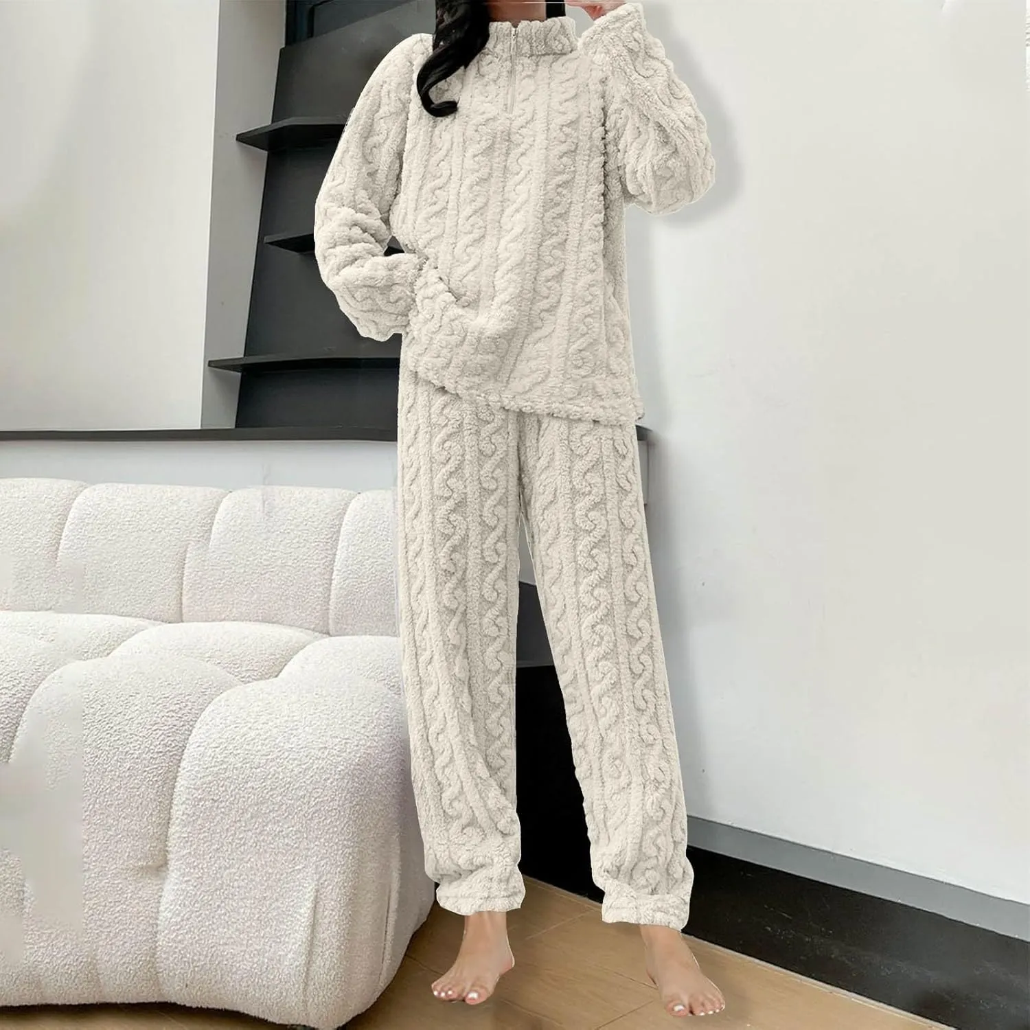 Flannel Pajamas Women Fluffy Pajamas Set Fleece Sweaters and Pants 2 Piece Outfits Sherpa Loungewear Pjs