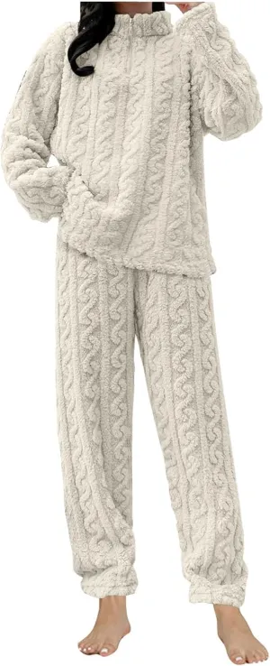 Flannel Pajamas Women Fluffy Pajamas Set Fleece Sweaters and Pants 2 Piece Outfits Sherpa Loungewear Pjs