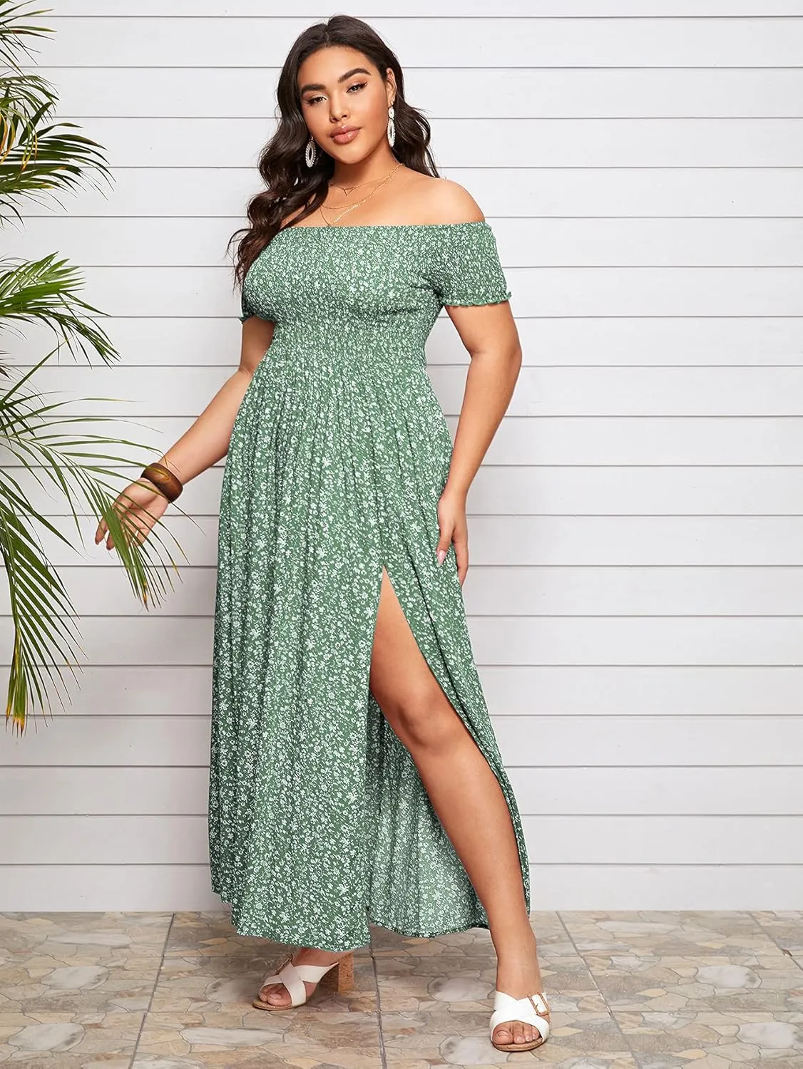 Floerns Women's Boho Floral Print Off Shoulder Split Long A Line Dress