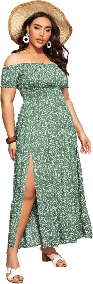 Floerns Women's Boho Floral Print Off Shoulder Split Long A Line Dress
