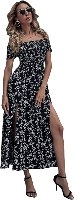Floerns Women's Boho Floral Print Off Shoulder Split Long A Line Dress