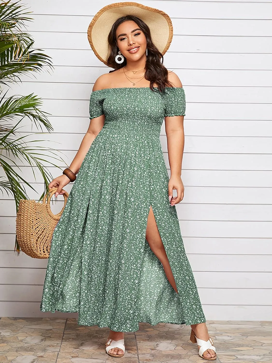 Floerns Women's Boho Floral Print Off Shoulder Split Long A Line Dress