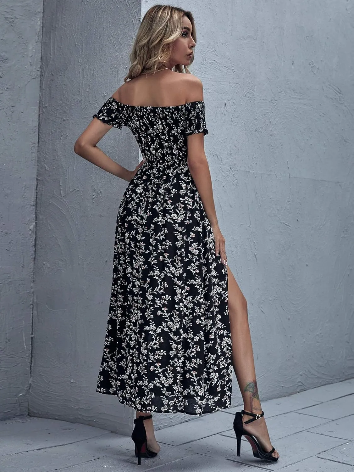 Floerns Women's Boho Floral Print Off Shoulder Split Long A Line Dress