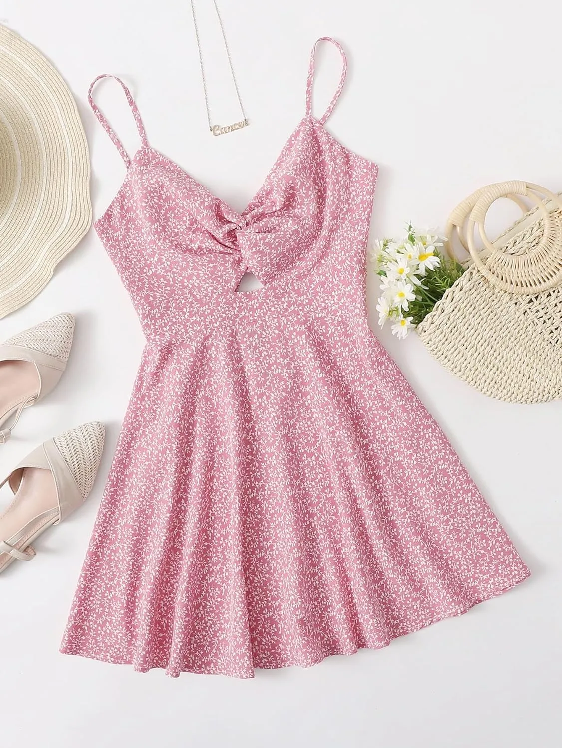 Floerns Women's Boho Floral Print Twist Front Cami A Line Mini Dress