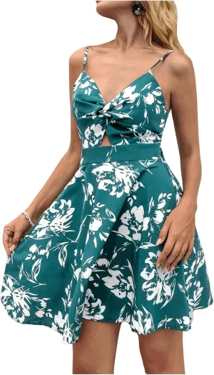 Floerns Women's Boho Floral Print Twist Front Cami A Line Mini Dress