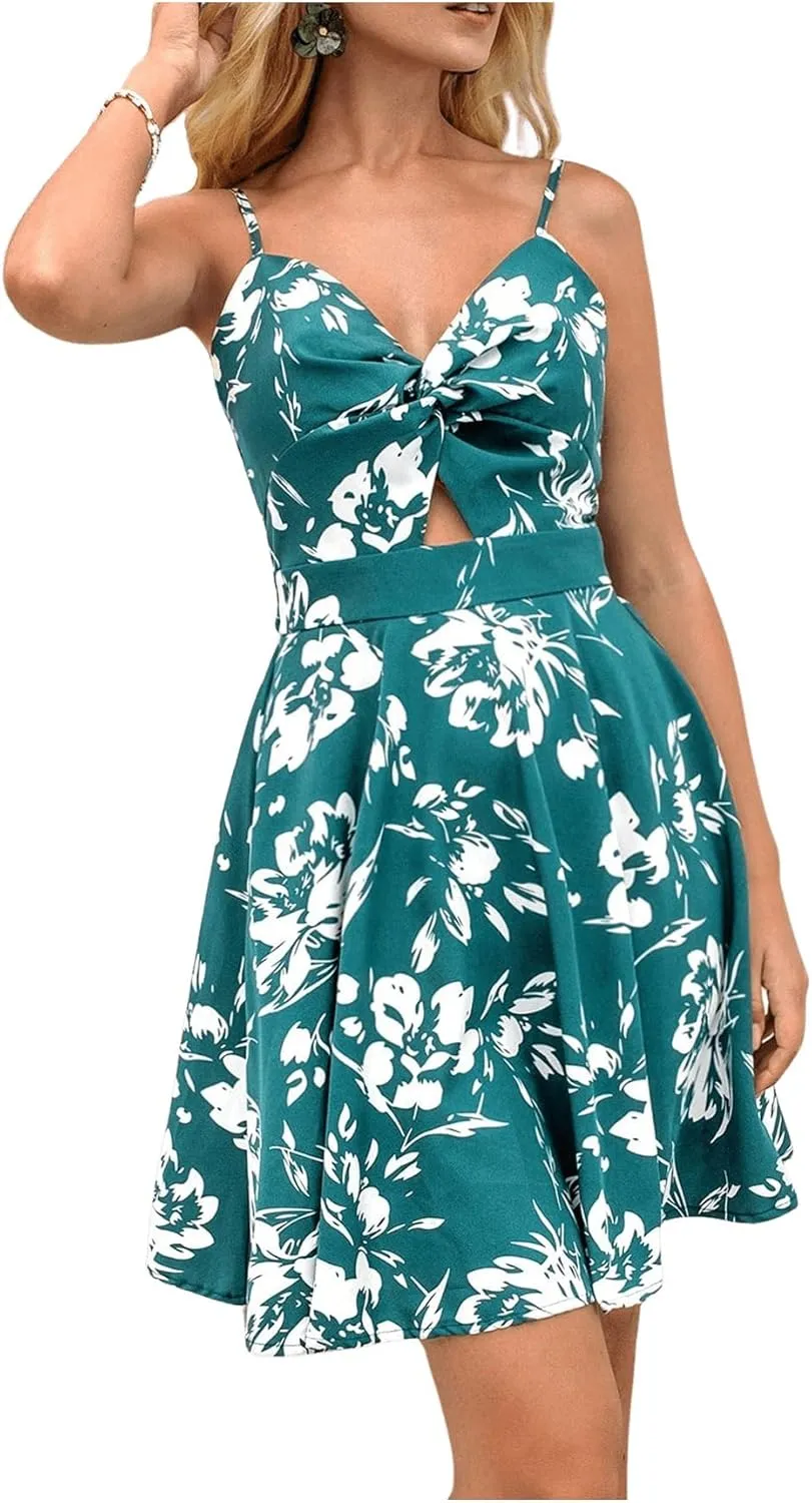 Floerns Women's Boho Floral Print Twist Front Cami A Line Mini Dress