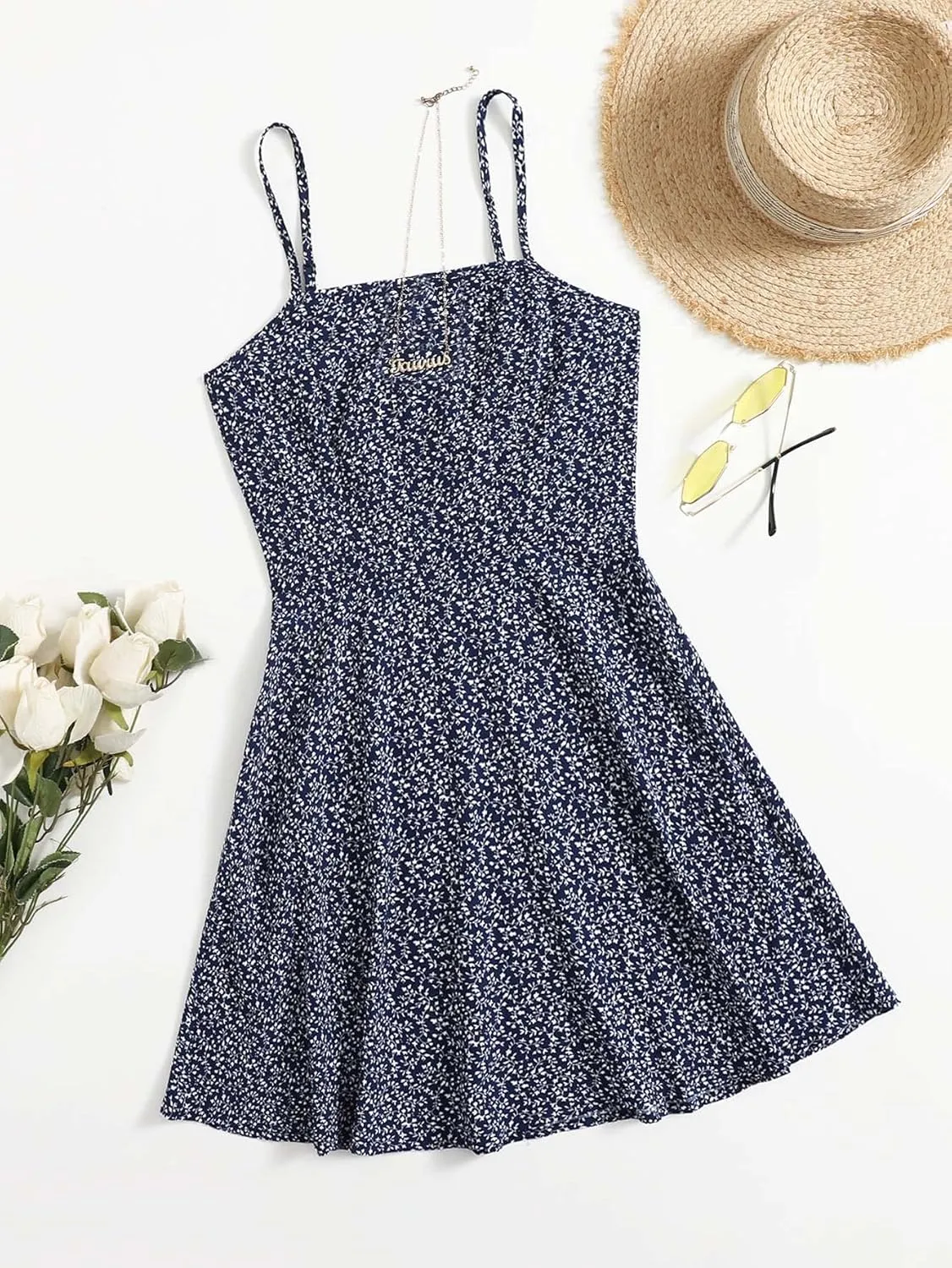 Floerns Women's Ditsy Floral High Waist Cami Short A Line Dress