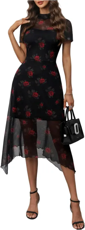Floerns Women's Floral Mesh Short Sleeve Asymmetrical Hem Flared A Line Dress