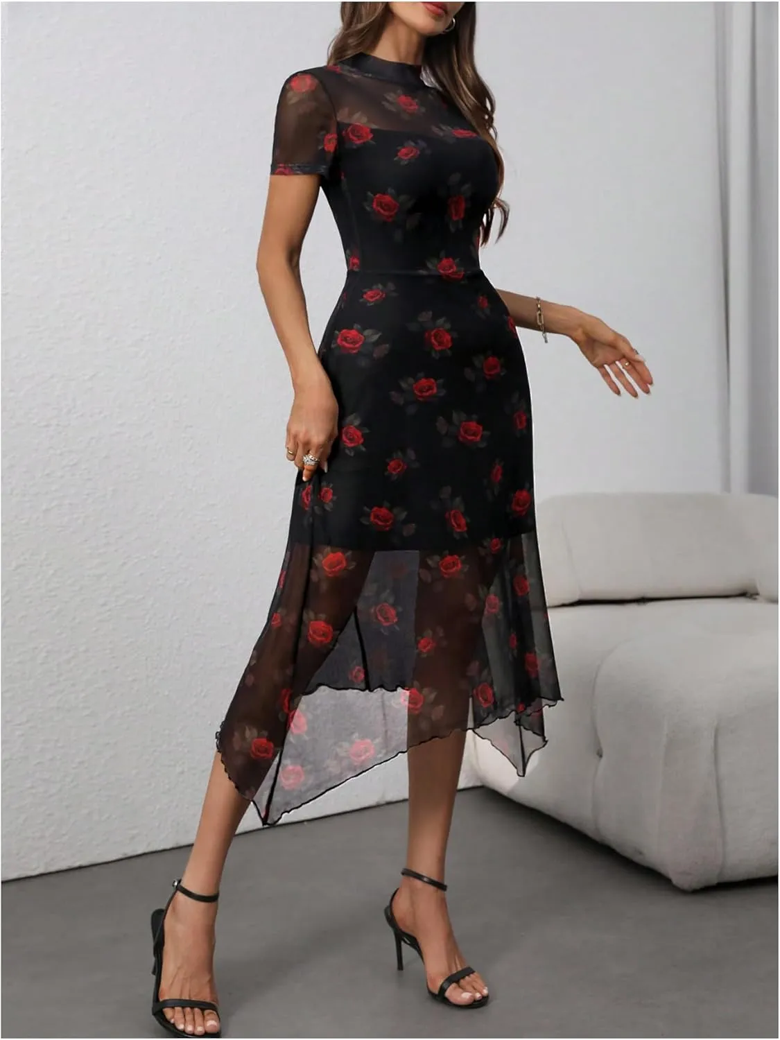 Floerns Women's Floral Mesh Short Sleeve Asymmetrical Hem Flared A Line Dress