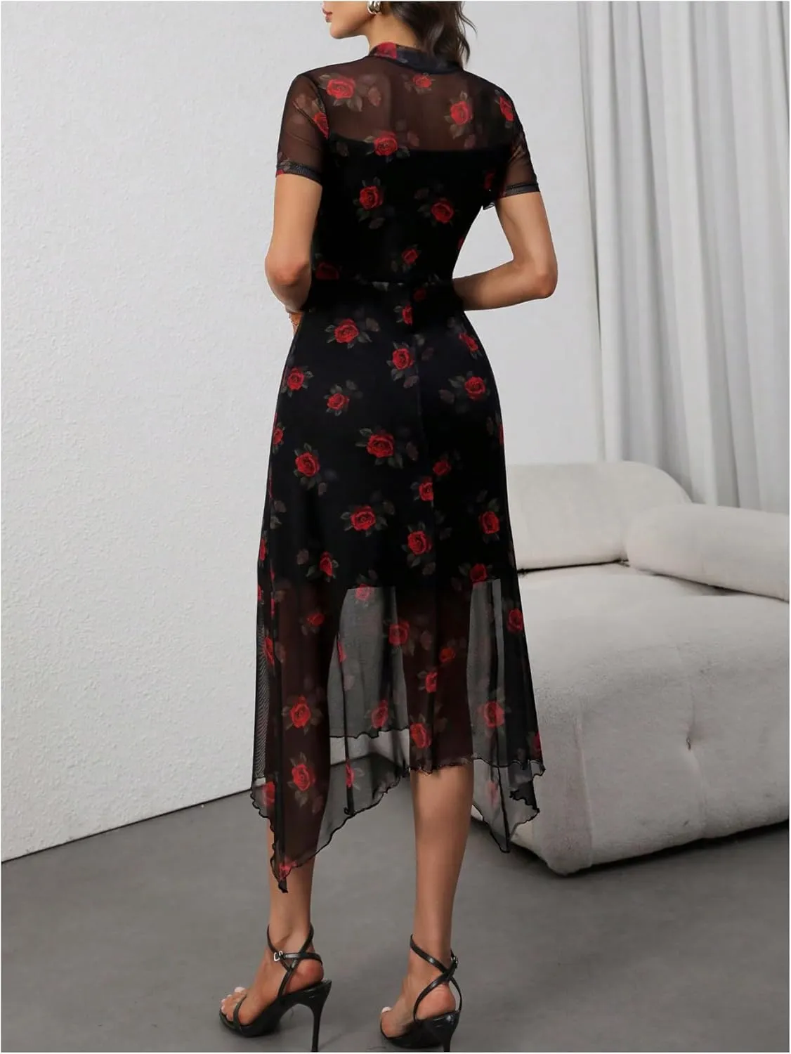 Floerns Women's Floral Mesh Short Sleeve Asymmetrical Hem Flared A Line Dress