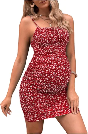 Floerns Women's Maternity Floral Print Tie Shoulder Stretch Cami Slip Dress