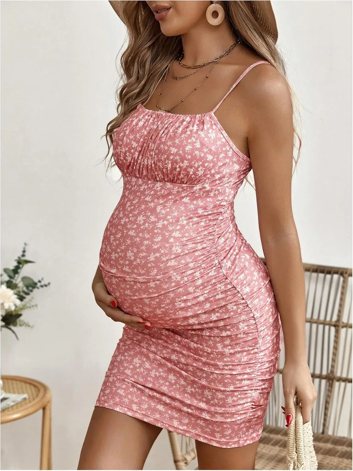 Floerns Women's Maternity Floral Print Tie Shoulder Stretch Cami Slip Dress