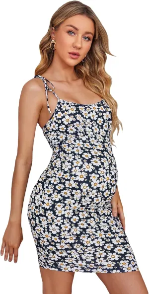 Floerns Women's Maternity Floral Print Tie Shoulder Stretch Cami Slip Dress