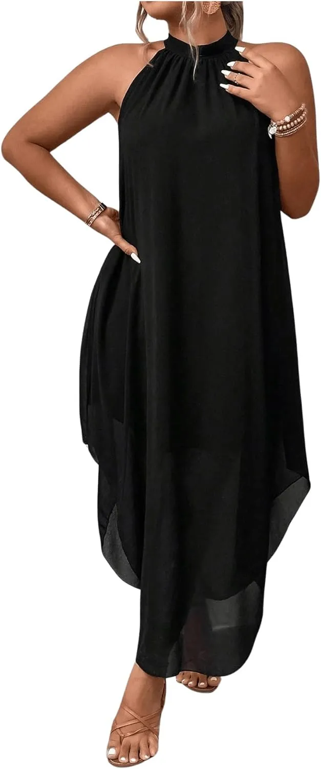 Floerns Women's Plus Size Asymmetrical Hem Sleeveless Halter A Line Long Dress