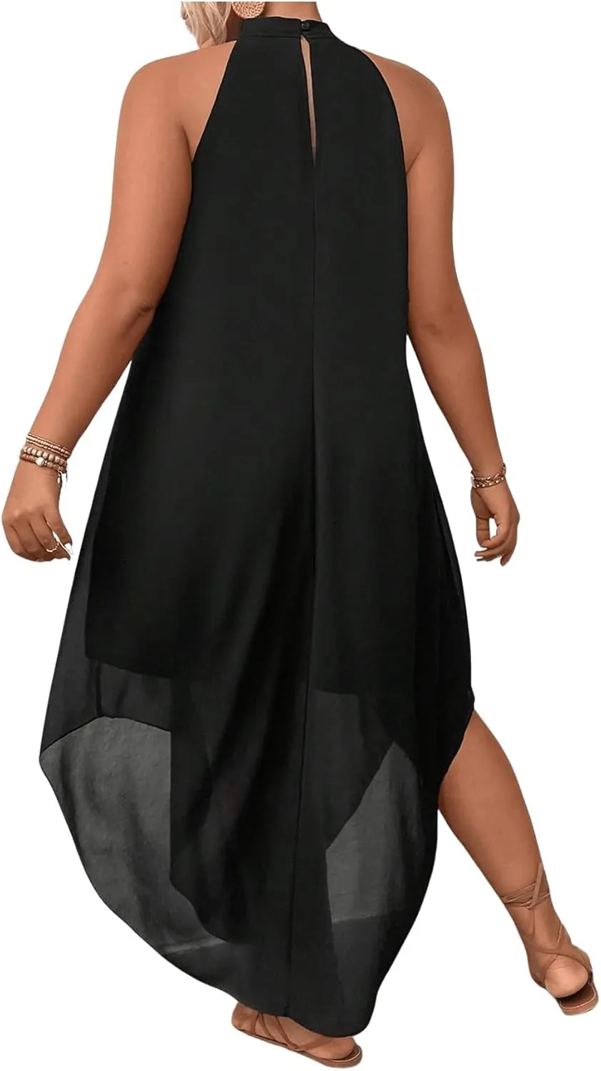 Floerns Women's Plus Size Asymmetrical Hem Sleeveless Halter A Line Long Dress